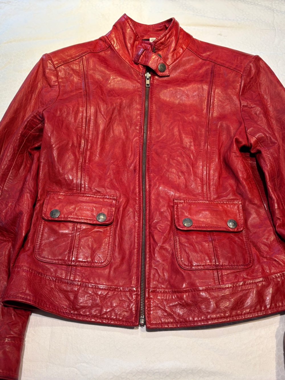 Women's Red Leather Zip Jacket with Snap-Front Pockets